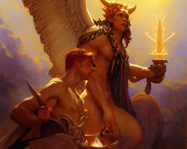 Image similar to attractive male deity, casting demonic magic, summoning handsome lucifer morning star. highly detailed painting by gaston bussiere, craig mullins, j. c. leyendecker 8 k