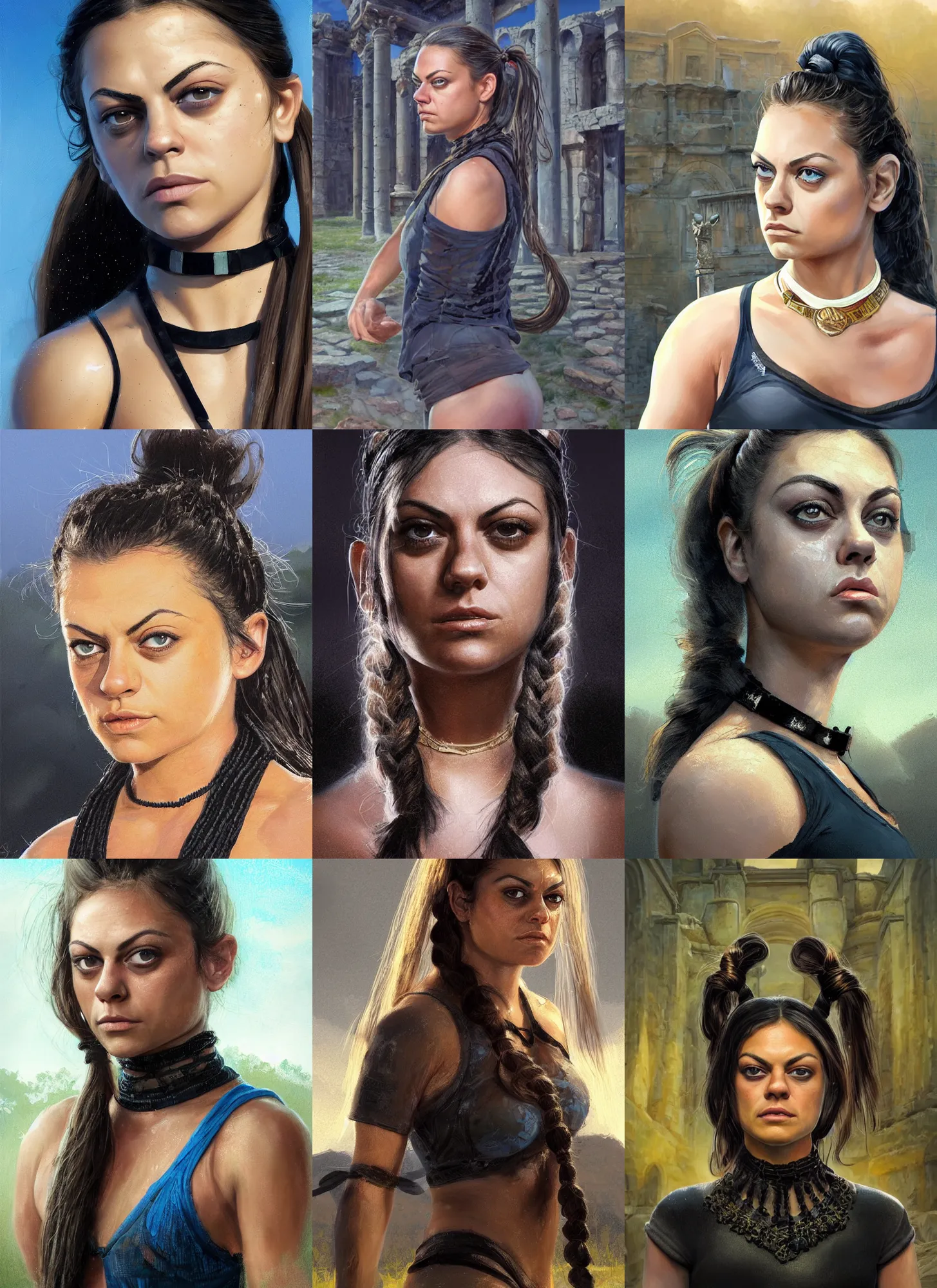 Image similar to portrait of young very muscled Mila Kunis with pigtails hair and bright blue squinting eyes looking directly into the camera, mouth slightly open, wearing intricate black choker, walking sweaty out epic ancient ruins, golden hour, elegant, highly detailed, centered, sharp digital painting, artstation, concept art, smooth, sharp focus, illustration, Allan Lee, John Howe