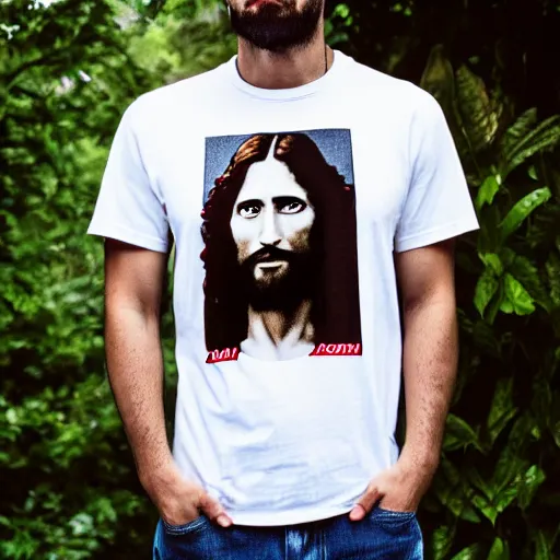 Image similar to a photo of a supreme t - shirt with an image of jesus on it, 4 k, highly detailed