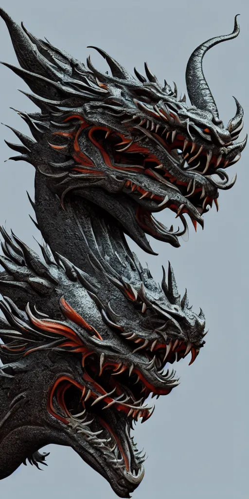 Image similar to a beautiful obverse portrait render of a single huge chinese dragon, solid background, mechanical, metal, model design, fine texture structure, hyper detailed, perfect shadows, fierce eyes, atmospheric lighting, 3 d render, the style of pascal blanche and sparth juan zigor samaniego, paul pepera pablo roldan, denoise, alone, 4 k hd