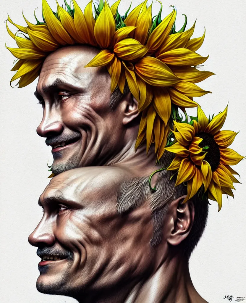 Image similar to digital art, centered full body of Putin smiling king, Sunflower crown, ,intricate, veins, by James Jean and by artgerm , by ross tran ultradetailed, charachter design, concept art, trending on artstation,