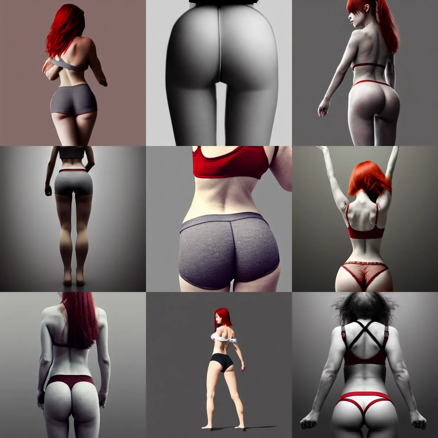 Prompt: red haired girl wearing grey underwear, view from behind , facing away , hourglass slim figure , hands on hips , elbows out , arched back , grey ribbon , cowboy shot , close up , grey bra , grey panties , by Greg Rutkowski , trending on ArtStation , simple white background , precise correct anatomy , arthouse