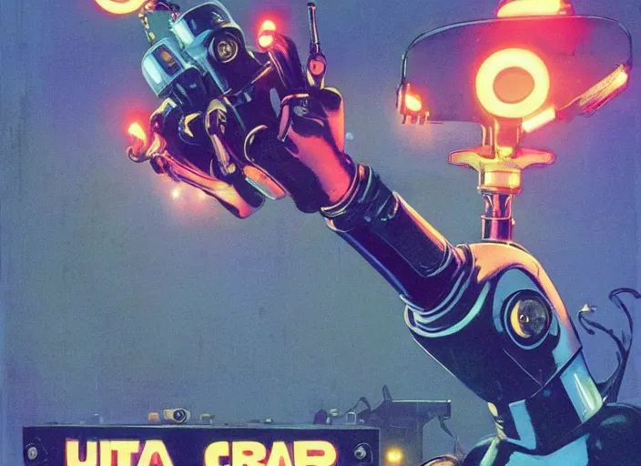 Prompt: ultra wide vintage 5 0 s robot with a claw - arm, bright coloured lights, fluid, smooth, organic, crazy, high contrast, sharpness, dramatic, by greg rutkowski and siudmak and richard corben and moebius