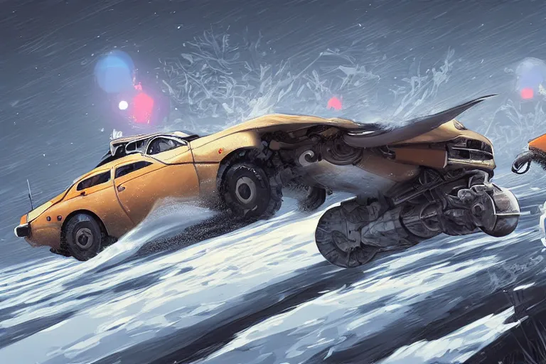 Prompt: dieselpunk digital illustration of a jet - powered yugo hatchback speeding across a frozen lake in a blizzard by makoto shinkai, ilya kuvshinov, lois van baarle, rossdraws, basquiat