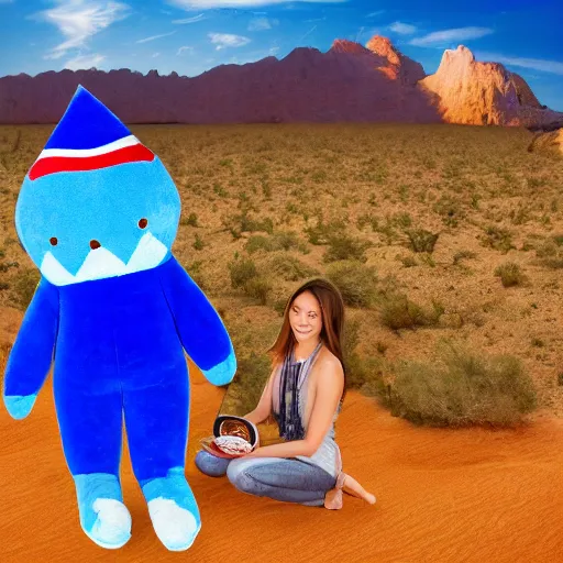 Image similar to blue'snappy gifts'human - sized plush doll, in the desert, holding gift, happy atmosphere, high detail, 8 k