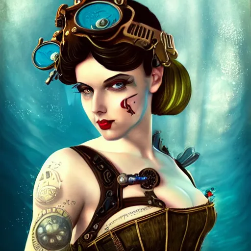 Image similar to lofi underwater bioshock steampunk portrait, wearing corset, Pixar style, by Tristan Eaton Stanley Artgerm and Tom Bagshaw.