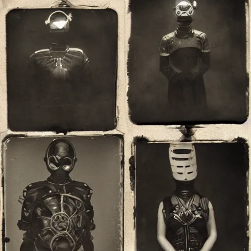 Image similar to tintype photographs of techno shamans, telepaths, dieselpunk cyborgs, masked heroes, irradiated humans, mystic mutates and monster hunters