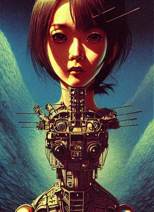 Image similar to japanese sci fi horror girl with big eyes, character portrait, portrait, close up, concept art, intricate details, highly detailed, vintage sci - fi poster, in the style of chris foss, rodger dean, moebius, michael whelan, and gustave dore