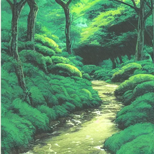 Image similar to a stream running through a lush forest, ghibli