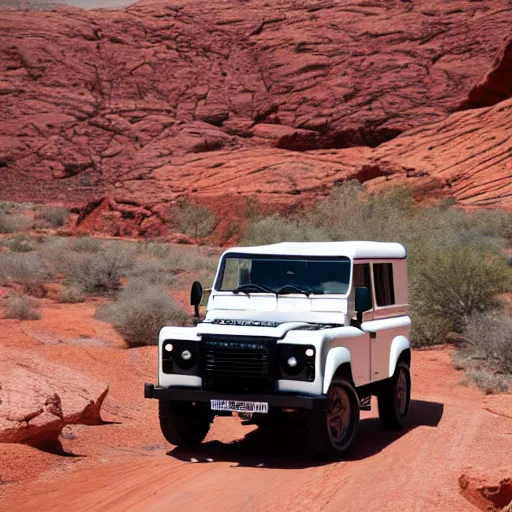 Image similar to a vintage land rover defender drives along a 2 lane road in the valley of fire, drone photo