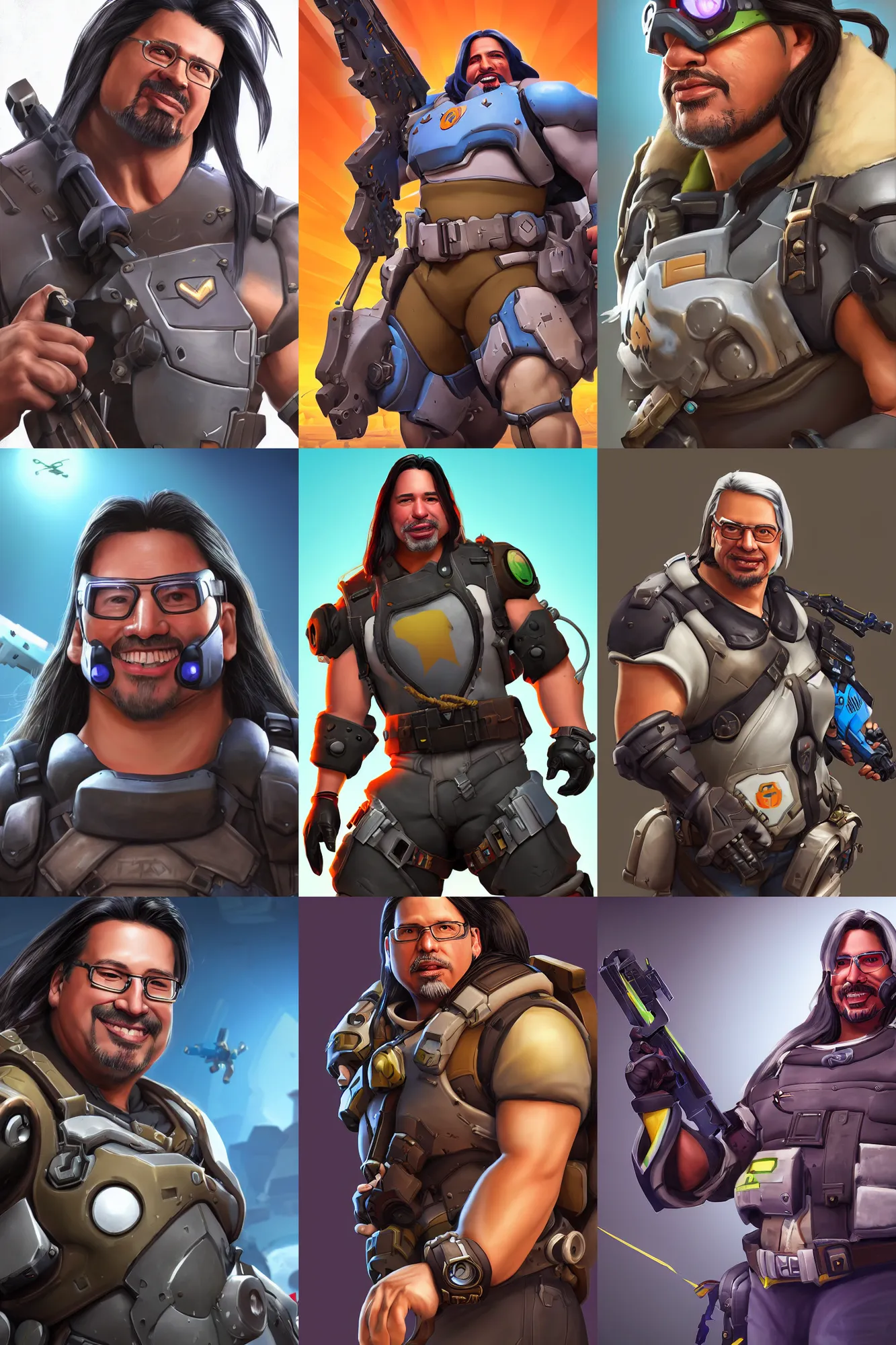 Prompt: john romero as an overwatch hero, tank class, character art, cinematic, portrait closeup