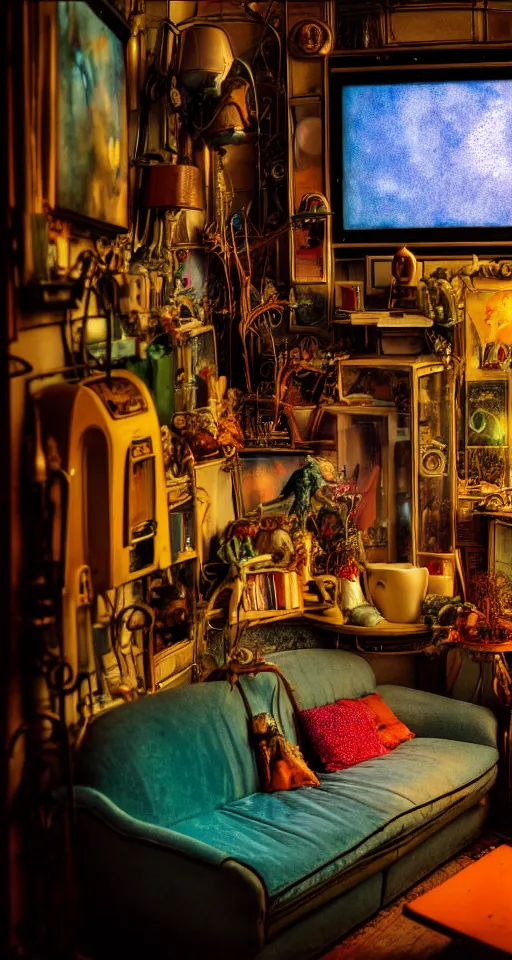 Image similar to telephoto 7 0 mm f / 2. 8 iso 2 0 0 photograph depicting the feeling of chrysalism in a cosy safe cluttered french sci - fi art nouveau cyberpunk apartment in a dreamstate art cinema style. ( sofa ) ( ( fish tank ) ), ambient light.