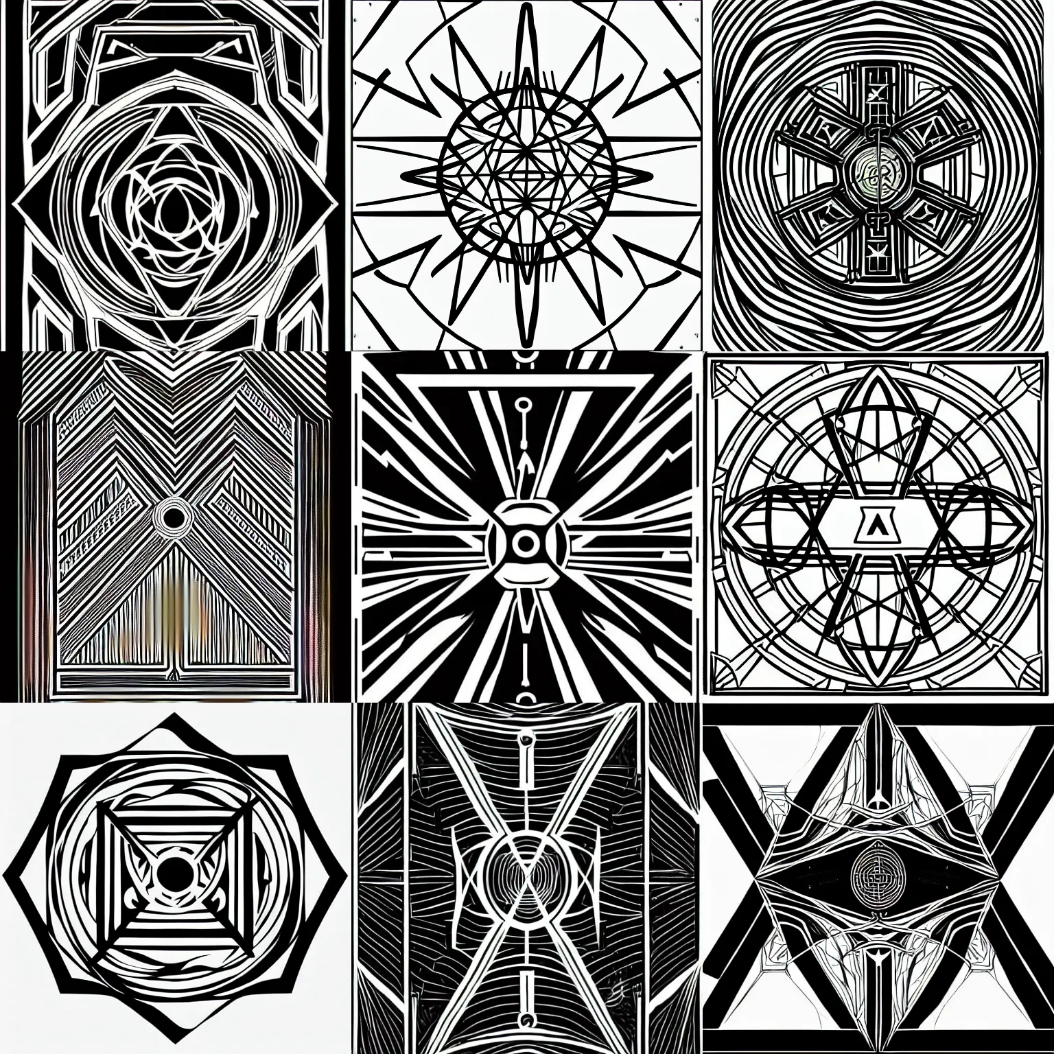 Prompt: black lineart symmetrical drawing tarot digital art geometry, consistent line width, Tron style halo sigil