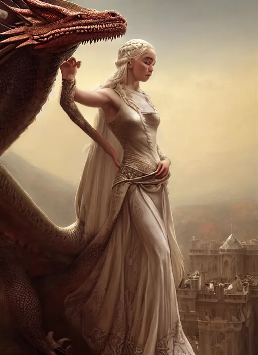 Image similar to a painting of Daenerys Targaryen in fantastic dress next to a dragon, by Jaime Jones,Tom Bagshaw,Lawrence Alma-Tadema,greg rutkowski,deviantart contest winner, fantasy art, daz3d,intricate,elegant,highly detailed,8k,digital painting,concept art, sharp focus, illustration,golden ratio