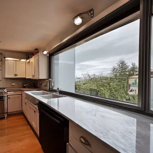 Image similar to a normal kitchen with stainless steel appliances a marble island window light, domestic, realistic, 35mm lens