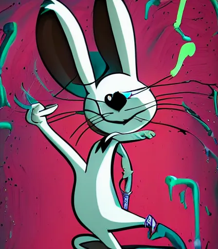 Prompt: TIm Burtons style Bugs Bunny by Alex Pardee and Nekro and Petros Afshar, and James McDermott,unstirred paint, vivid color, cgsociety 4K