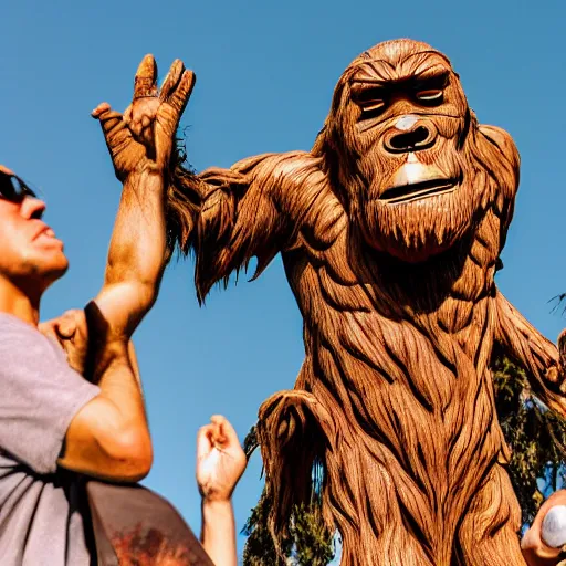 Image similar to occult worshippers worshipping a bigfoot statue