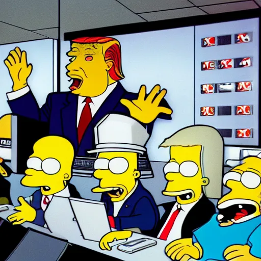 Prompt: Donald Trump as Homar Simpson sat at the controls of a Nuclear power plant control centre, screaming, angry, with his hands on the controls, 4k, high quality photograph