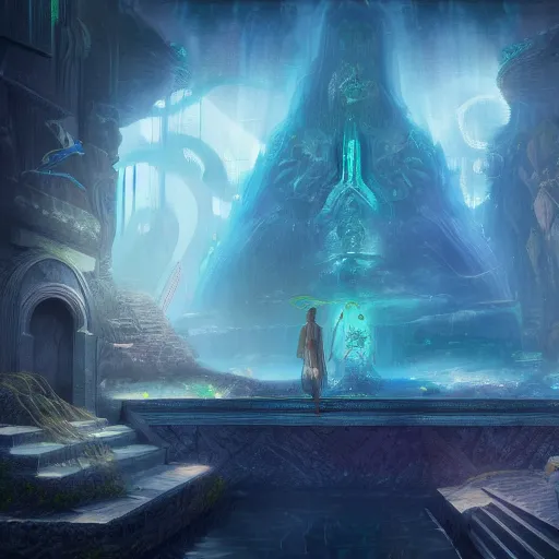 Image similar to concept art trending on art station detailed matte painting of a mystical being meditation in Atlantis city , dramatic, 8k, digital art, aesthetic