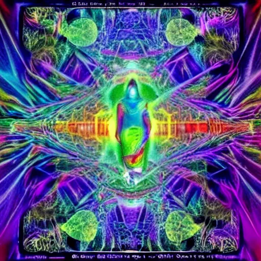 Prompt: DMT vision of the 4th dimension. Astral projection seeing the truth. Mind blowing imagery