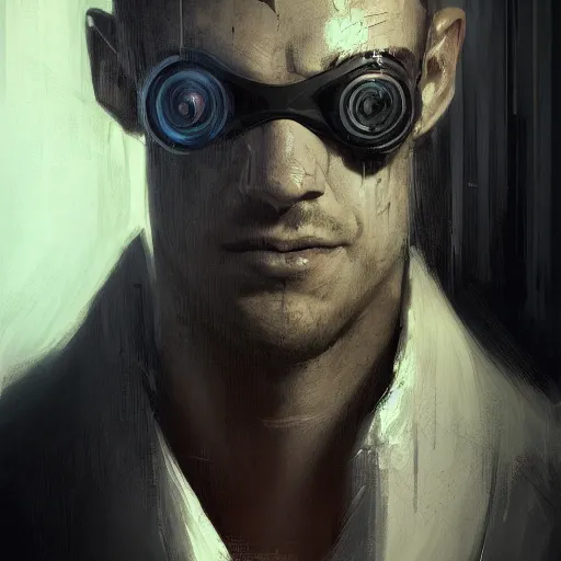 Image similar to Portrait of a man by Greg Rutkowski, symmetrical face, an young man with a VR Heaset covering his eyes, Kubric Stare, cold, twisted and sinister smile, highly detailed portrait, scifi, digital painting, artstation, book cover, cyberpunk, concept art, smooth, sharp foccus ilustration, Artstation HQ