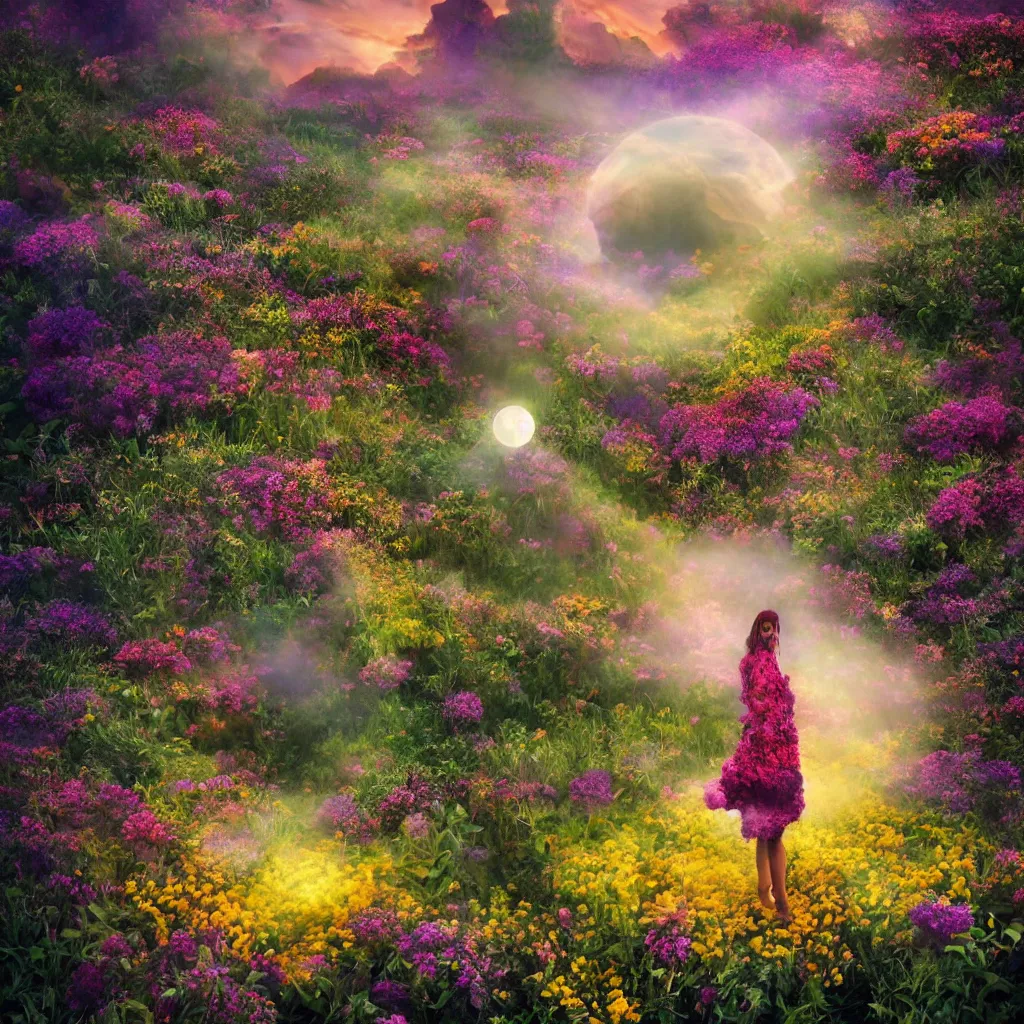 Image similar to a planet of various flowers, fungus and plants, in which the human figure is dressed in something magical and impressive, inside the picture is infinity, sunset light, Atmospheric phenomenon, artistic photography, muted colors, conceptual, long exposure outside the city