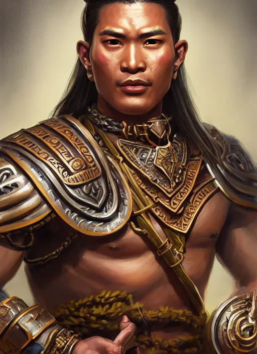 Image similar to smart tai warlord, closeup portrait, historical hero, ethnic group, sukhothai costume, bronze headset, intricate, with leather armor cross on bare chest, tai body tattoo, elegant, loin cloth, highly detailed, oil painting, artstation, concept art, matte, sharp focus, illustration, hearthstone, art by earl norem