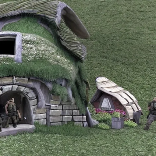 Prompt: swat raid on hobbit house, police cam still, photorealistic
