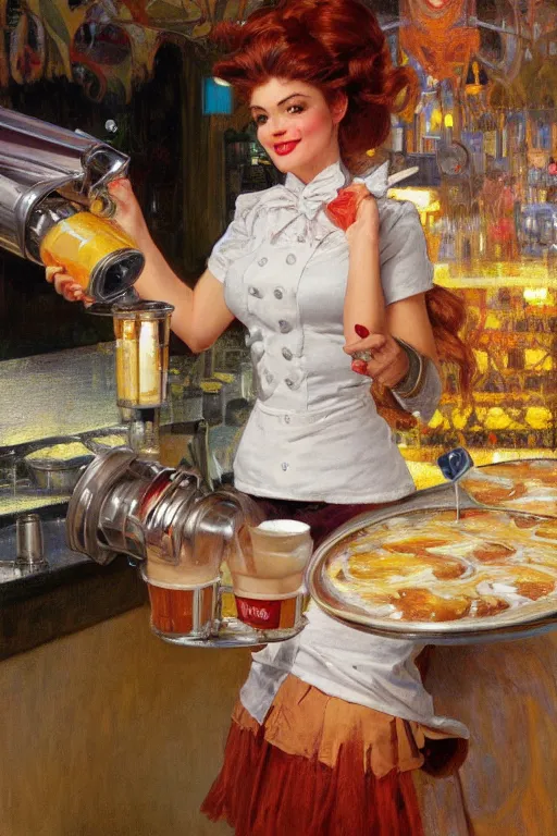 Image similar to illustration of a white female anthro wolf waitress serving milkshakes, 5 0's diner, 4 k, furaffinity, trending on artstation, very expressive face, energetic, bright colors, by gaston bussiere, craig mullins, j. c. leyendecker, gustav klimt, artgerm, greg rutkowski, alphonse mucha