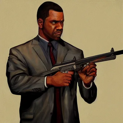 Image similar to a beautiful complex painting of cj from gta san holding a weapon