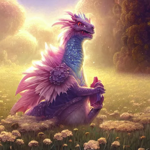 Image similar to beautiful digital fantasy illustration of a closeup adorable giant fluffy feathered sparkling pearlescent pastel dragon! sitting alone in a flower meadow, concept art by greg rutkowski, anato finnstark, and rebecca guay, highly detailed, soft lighting, rendered in octane