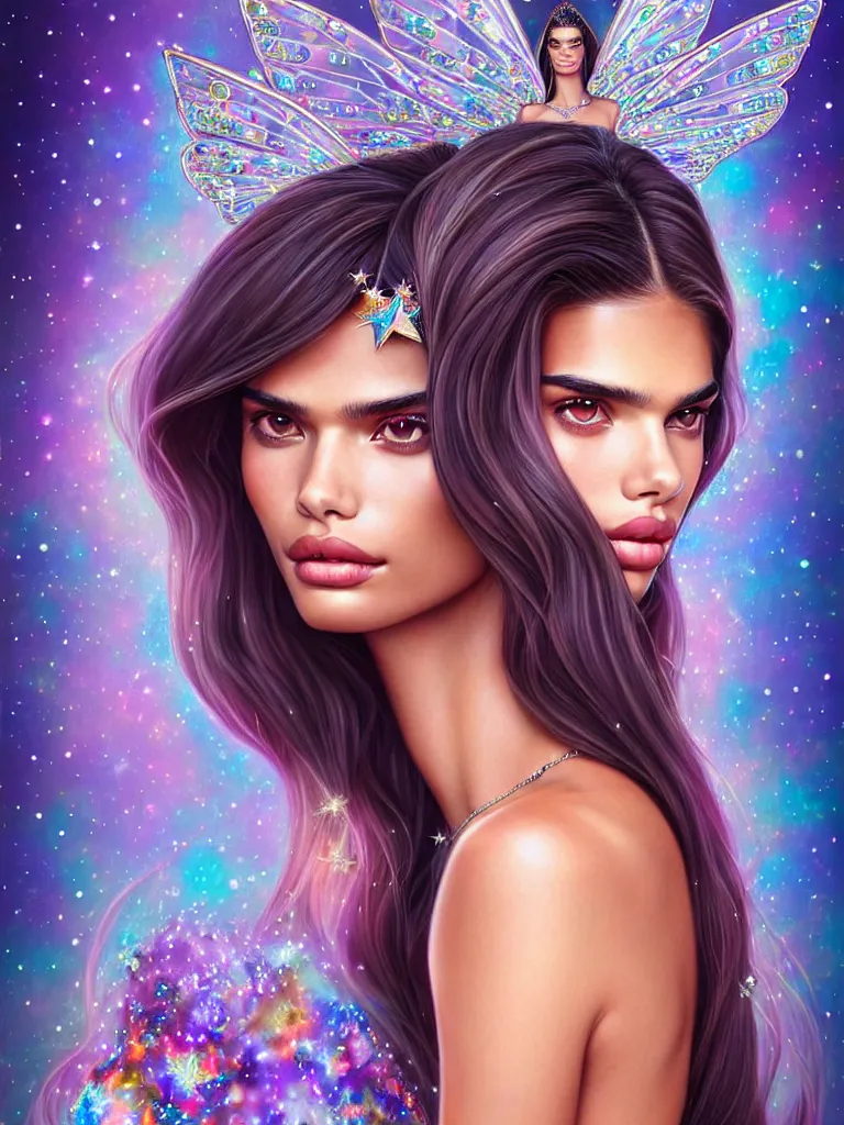 Image similar to fantastic portrait of sara sampaio with some shinny star, cloak, royally decorated crystal gemstones, symmetrical face, 3 d render, portrait, cute, fairy, by artgerm, kelly mckernan, detailed background, artstation, intricate, elegant, highly detailed, colorful, maximalist