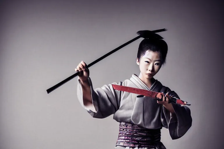 Image similar to beautiful photo of a young modern geisha samurai warrior practising the sword, mid action swing, beautiful eyes, shining silver katana sword, award winning photo, muted pastels, action photography, 1 / 1 2 5 shutter speed, dramatic lighting