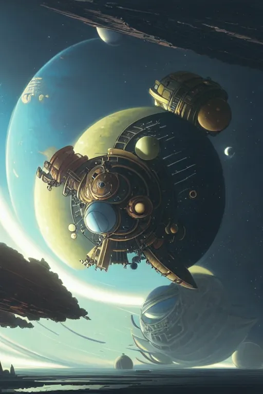 Image similar to steampunk spaceship infront of a planet, exquisite details, denoised, mid view, by karl kopinski, artsation, greg rutkowski, makoto shinkai, takashi takeuchi, studio ghibli