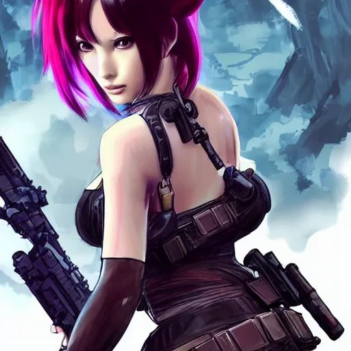 Prompt: concept art illustration of a beautiful young japanese christina hendricks natalie portman as lara croft motoko kusanagi anime protagonist, wearing tokyo harajuku street fashion combat warrior fantasy bikini, intricate, elegant, gorgeous, stunning, alluring, art by hyng tae kim, art style of blade and soul