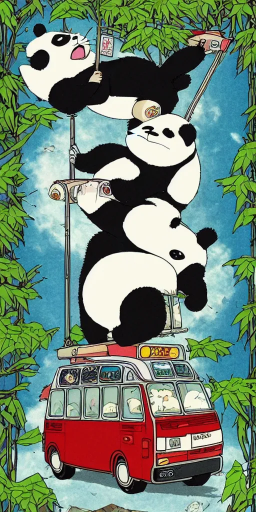 Prompt: a panda bus like totoro, 1990s anime, full color, tarot card the chariot, highly detailed,