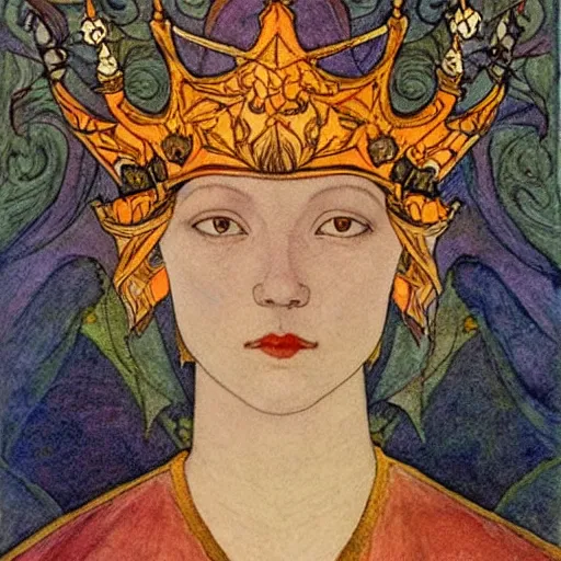 Image similar to the lantern crown, by Annie Swynnerton and Nicholas Roerich and (((Edmund Dulac))), embroidered brocade, tattoos, elaborate costume, geometric ornament, symbolist, rich colors, dramatic lighting, smooth, sharp focus, extremely detailed