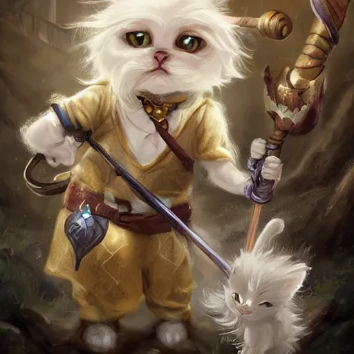 Image similar to cute little anthropomorphic Maltese Terrier and tabby cat, wielding a magic staff, tiny, small, short, Wizard robe, cute and adorable, pretty, beautiful, DnD character art portrait, matte fantasy painting, DeviantArt Artstation, by Jason Felix by Steve Argyle by Tyler Jacobson by Peter Mohrbacher, cinema