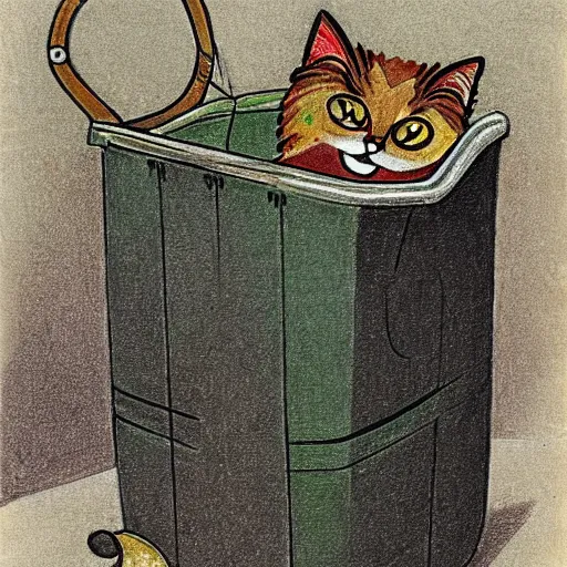 Prompt: drawing of a happy cat in a garbage can by Louis wain