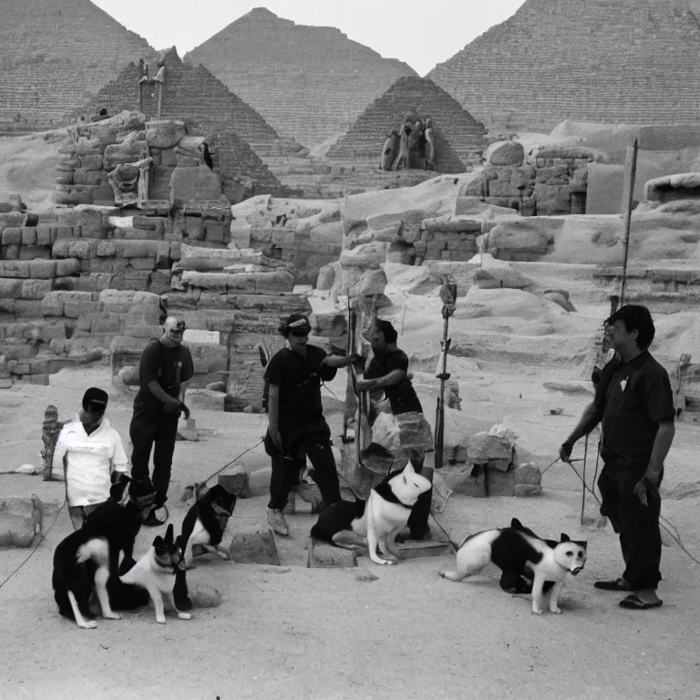 Prompt: black and white photo of explorers finding egypt's famous shiba inu temple