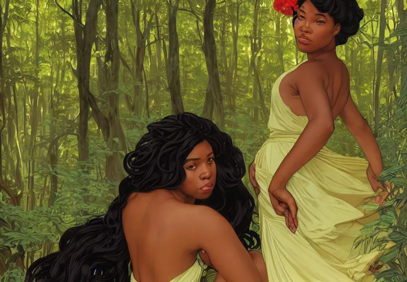 Image similar to a black woman seen from behind from far away with flowing hair and a flowing sundress dreaming in a forest, fine details by realistic shaded lighting poster by ilya kuvshinov katsuhiro otomo, magali villeneuve, artgerm, jeremy lipkin and michael garmash and rob rey, art nouveau, alphonse mucha, william - adolphe bouguereau, golden hour