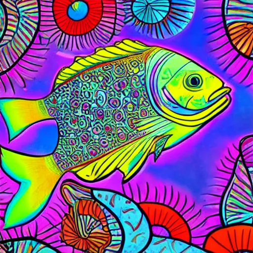 Image similar to psychedelic, photorealistic, colorful fish in a maximalist style on a background that fades to black