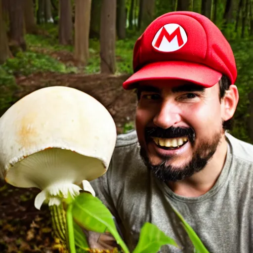 Image similar to photo of real life mario finding a giant amanita muscaria, exhilarated, portrait, closeup. mouth open, 3 0 mm, bokeh