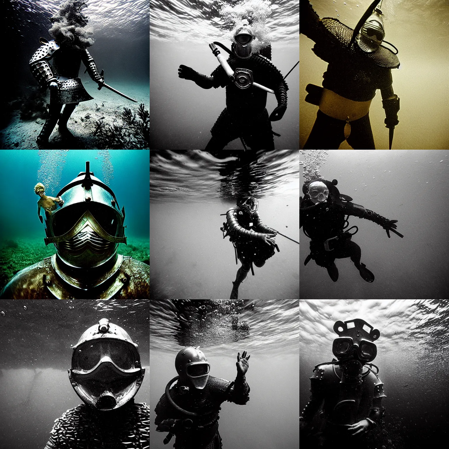 Image similar to Underwater photo of a medieval knight by Trent Parke, close up, clean, detailed, Magnum photos