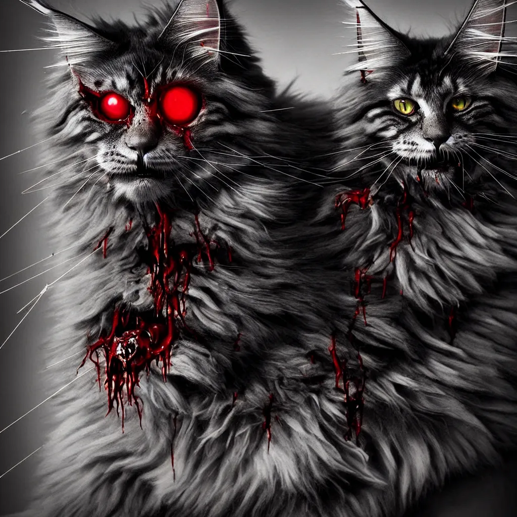 Image similar to “beautiful award-winning photo of a wise maine coon with cybernetic spider eyes and blood dripping off of its fangs. masterpiece, trending on artstation, cinematic composition, dramatic pose, volumetric lighting, sharp, details, hyper-detailed, HD, 4K, 8K ”