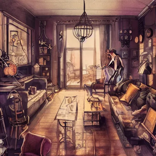 Prompt: women in the interior of a steampunk apartment, Milo Manara, night time, Margot Robbie, Scarlett Johanson, zoey Deschannel, smoking cigarettes, playing board games, highly detailed, pencil and watercolor, Tarantino movie posters, melancholy, level design, concept art, artstation, cgsociety, zenith view —ar 16:9 —quality 2