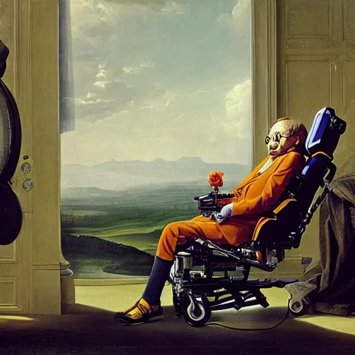 Prompt: stephen hawking in an exoskeleton suit, sci - fi painting by pieter claesz and james c. christensen