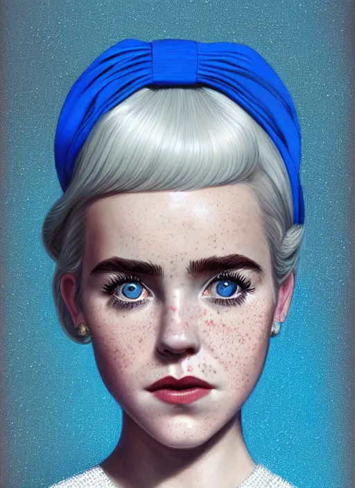 Image similar to portrait of kiernan shipka with freckles, white hair, big 1 9 6 0 s bob hairstyle with bangs and hairband, blue 1 9 6 0 s dress, intricate, elegant, glowing lights, highly detailed, digital painting, artstation, concept art, smooth, sharp focus, illustration, art by wlop, mars ravelo and greg rutkowski