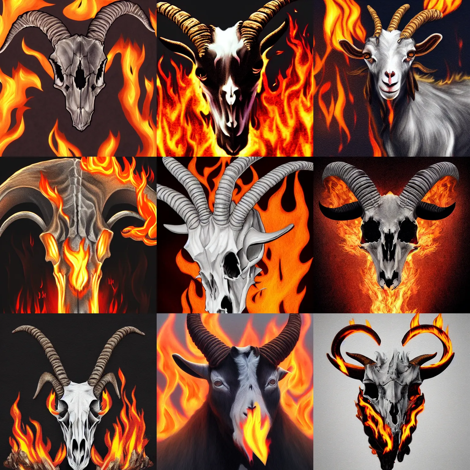 Prompt: goat skull surrounded by fire, digital art, realistic shading, highly detailed, trending on artstation