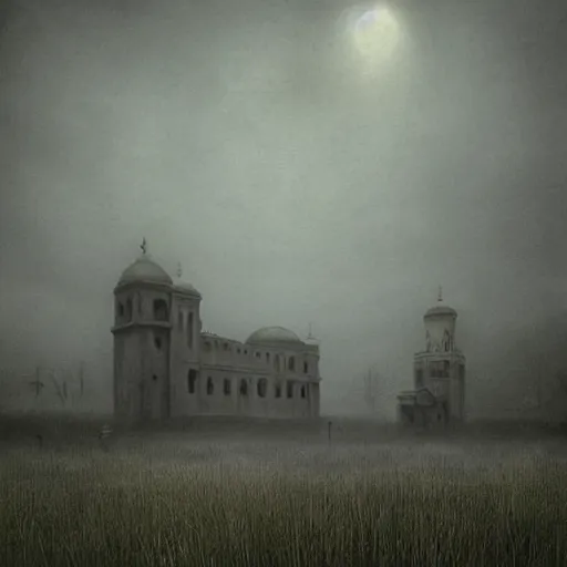 Image similar to a big mosque in a Village, horror, fog, foster, highly detailed, one house, fear, dark inside, dark mammatus cloud,hyper realistic, atmospheric lighting, beksinski